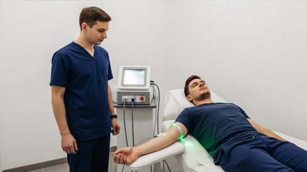 Врач проводит процедуру облучения крови